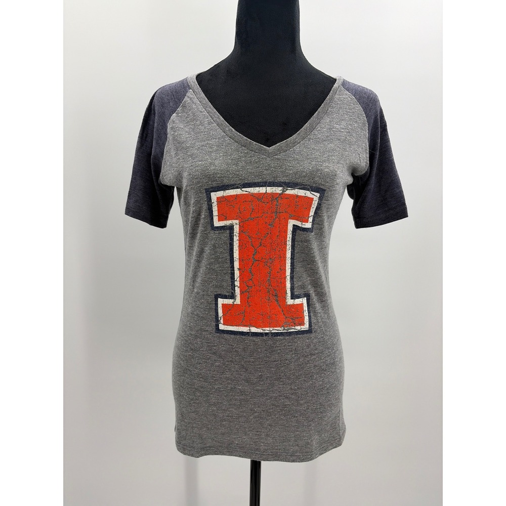 ProEdge Illinois University Fighting Illini Raglan V-Neck Tee Gray Navy Medium